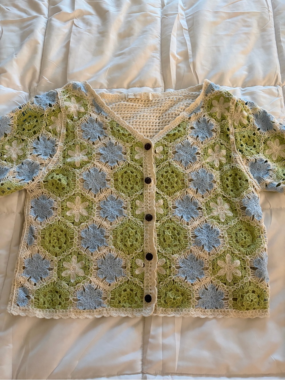 Crochet Floral Button-Front Women Top in Blue, Green & Cream